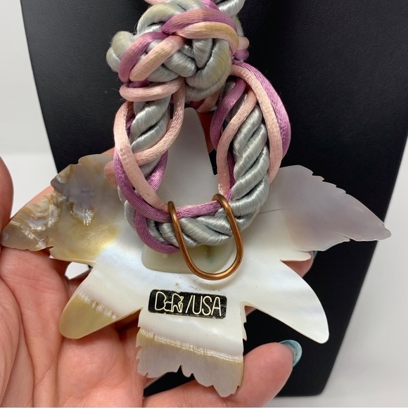 Pink and Light Blue Fabric Braided Necklace Genuine Shell Floral Pendant - Picture 4 of 12